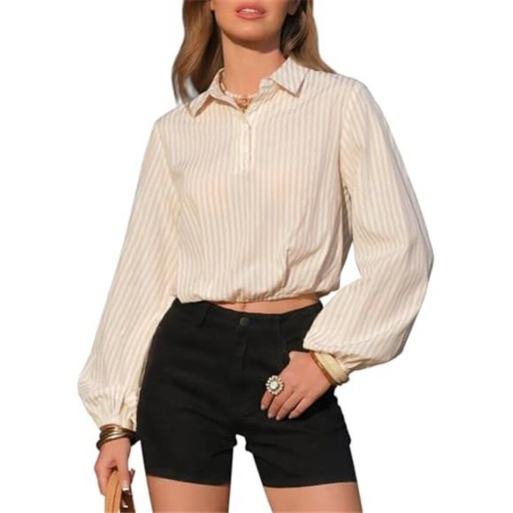 Women's 100% Cotton Long Sleeve Crop Tops Summer Striped Collared Button